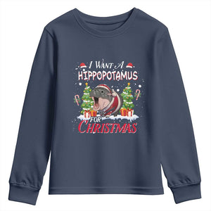 Funny Moo Deng Christmas Youth Sweatshirt I Want A Hippopotamus For Christmas Santa Baby Pygmy TS11 Navy Print Your Wear
