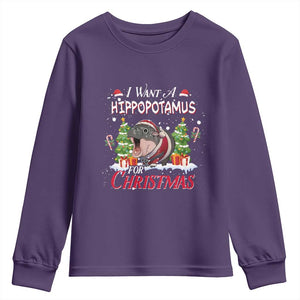 Funny Moo Deng Christmas Youth Sweatshirt I Want A Hippopotamus For Christmas Santa Baby Pygmy TS11 Purple Print Your Wear