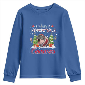 Funny Moo Deng Christmas Youth Sweatshirt I Want A Hippopotamus For Christmas Santa Baby Pygmy TS11 Royal Blue Print Your Wear
