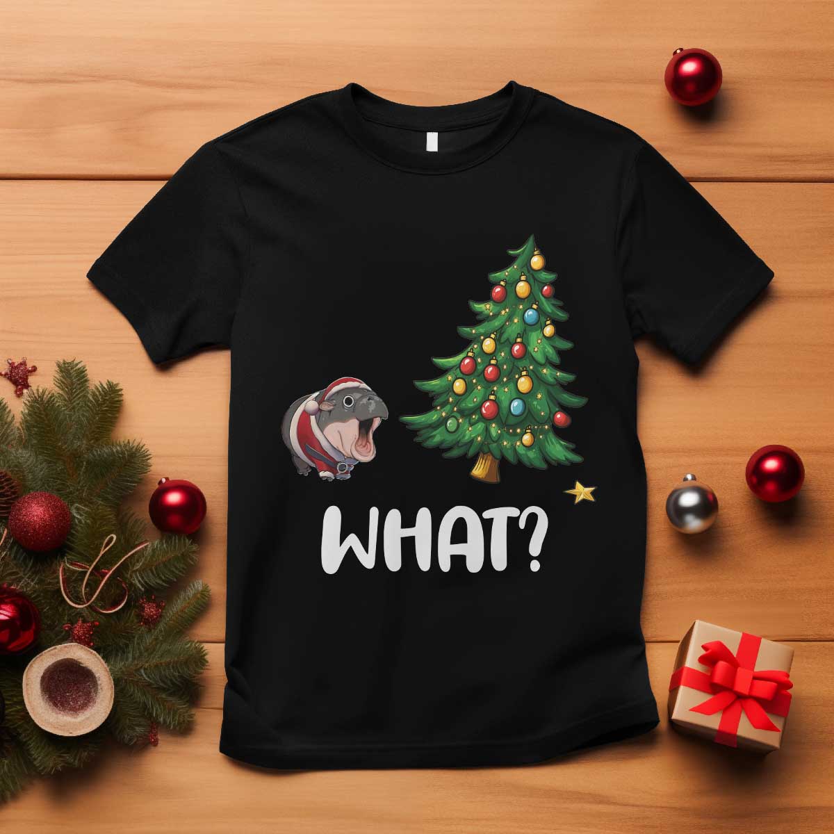 Funny Moo Deng Christmas T Shirt What Santa Cute Hippo Zoo Meme Baby Pygmy Xmas Tree TS11 Black Print Your Wear