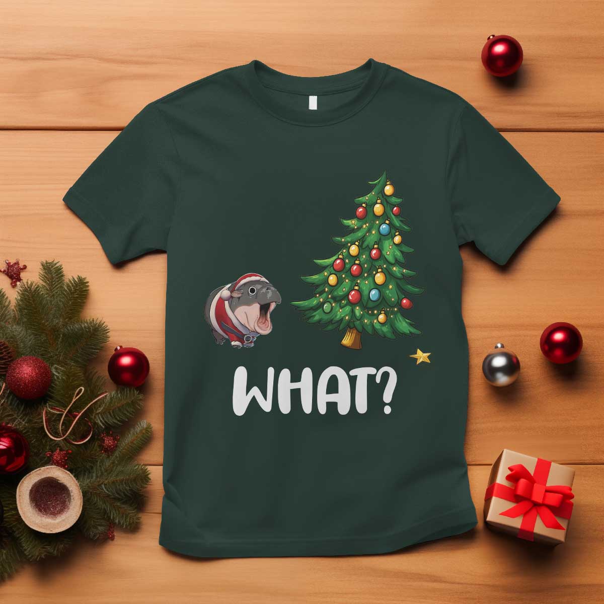 Funny Moo Deng Christmas T Shirt What Santa Cute Hippo Zoo Meme Baby Pygmy Xmas Tree TS11 Dark Forest Green Print Your Wear
