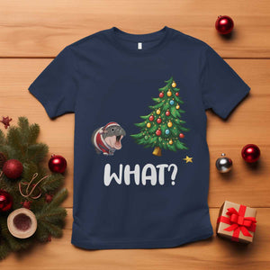 Funny Moo Deng Christmas T Shirt What Santa Cute Hippo Zoo Meme Baby Pygmy Xmas Tree TS11 Navy Print Your Wear