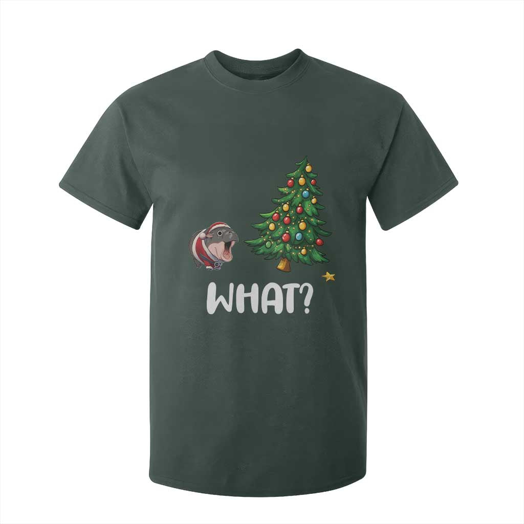 Funny Moo Deng Christmas T Shirt For Kid What Santa Cute Hippo Zoo Meme Baby Pygmy Xmas Tree TS11 Dark Forest Green Print Your Wear