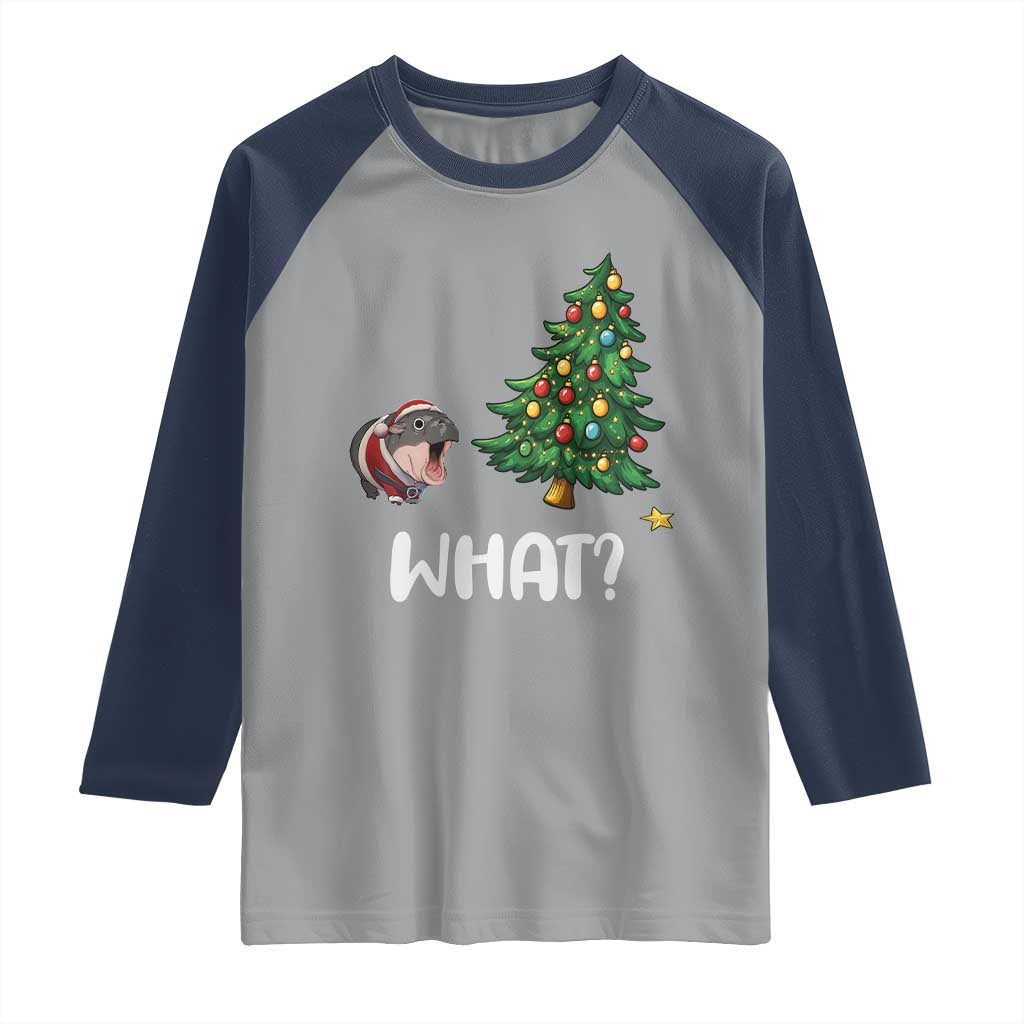 Funny Moo Deng Christmas Raglan Shirt What Santa Cute Hippo Zoo Meme Baby Pygmy Xmas Tree TS11 Sport Gray Navy Print Your Wear