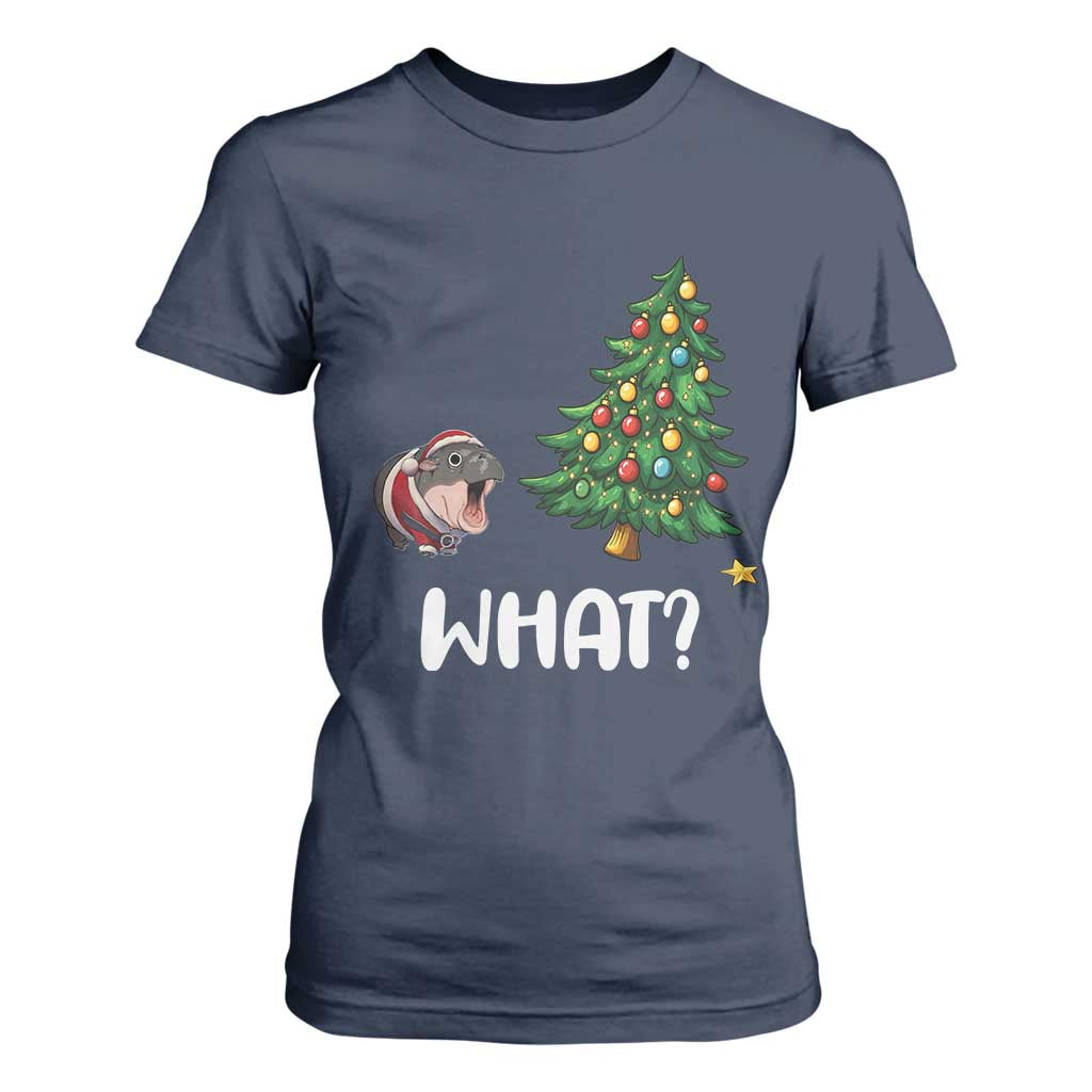 Funny Moo Deng Christmas T Shirt For Women What Santa Cute Hippo Zoo Meme Baby Pygmy Xmas Tree TS11 Navy Print Your Wear