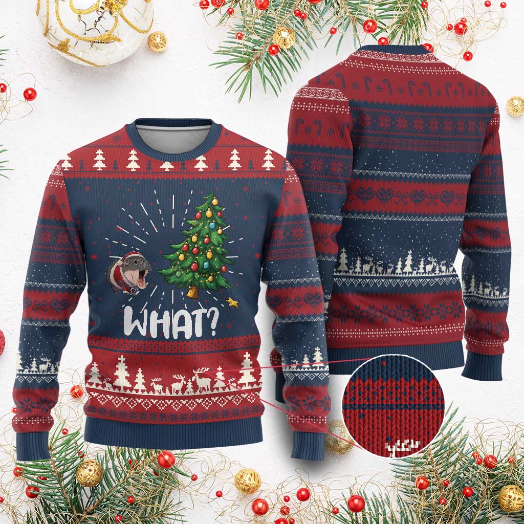Funny Moo Deng Xmas Ugly Christmas Sweater What Santa Cute Hippo Zoo Meme Baby Pygmy Xmas Tree TS11 Burgundy Print Your Wear