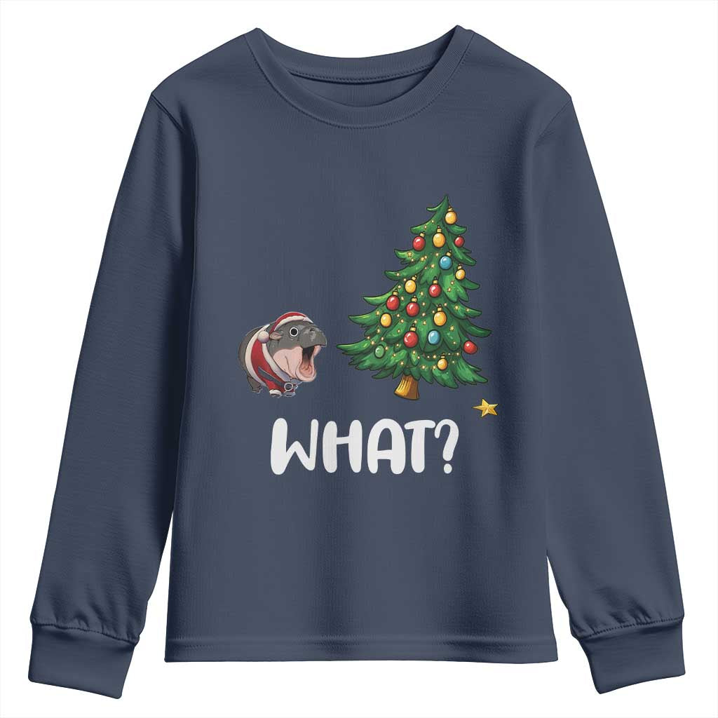 Funny Moo Deng Christmas Youth Sweatshirt What Santa Cute Hippo Zoo Meme Baby Pygmy Xmas Tree TS11 Navy Print Your Wear