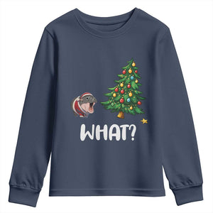 Funny Moo Deng Christmas Youth Sweatshirt What Santa Cute Hippo Zoo Meme Baby Pygmy Xmas Tree TS11 Navy Print Your Wear