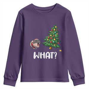 Funny Moo Deng Christmas Youth Sweatshirt What Santa Cute Hippo Zoo Meme Baby Pygmy Xmas Tree TS11 Purple Print Your Wear