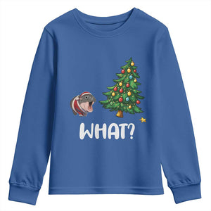 Funny Moo Deng Christmas Youth Sweatshirt What Santa Cute Hippo Zoo Meme Baby Pygmy Xmas Tree TS11 Royal Blue Print Your Wear