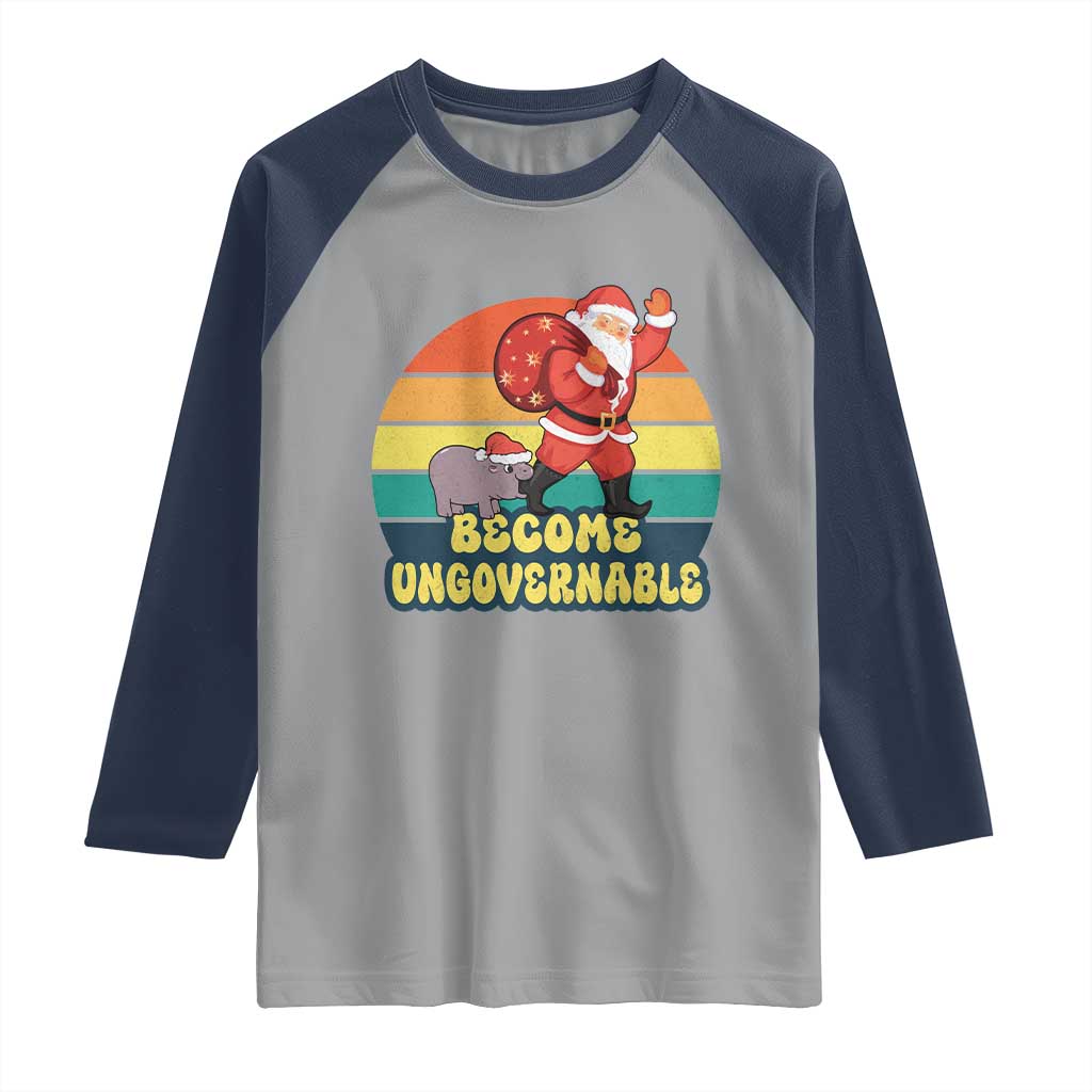 Funny Moo Deng Christmas Raglan Shirt Become Ungovernable Xmas Santa TS11 Sport Gray Navy Print Your Wear