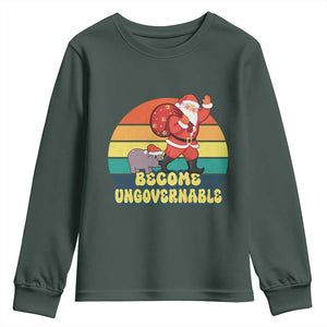 Funny Moo Deng Christmas Youth Sweatshirt Become Ungovernable Xmas Santa TS11 Dark Forest Green Print Your Wear