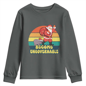 Funny Moo Deng Christmas Youth Sweatshirt Become Ungovernable Xmas Santa TS11 Dark Heather Print Your Wear
