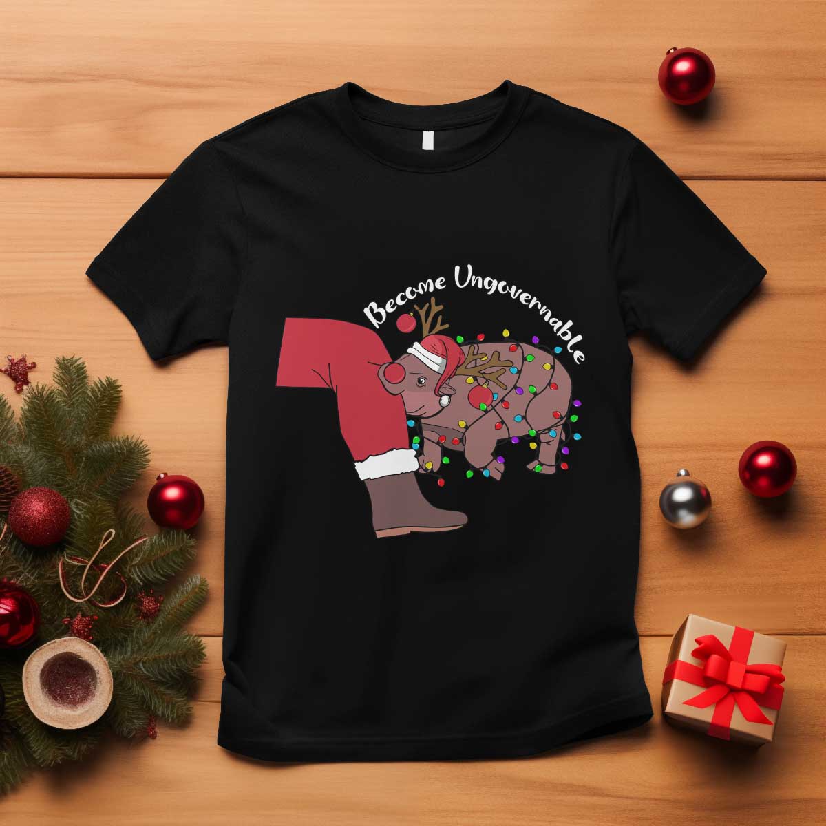 Funny Moo Deng Christmas T Shirt Become Ungovernable Reindeer Xmas Santa TS11 Black Print Your Wear