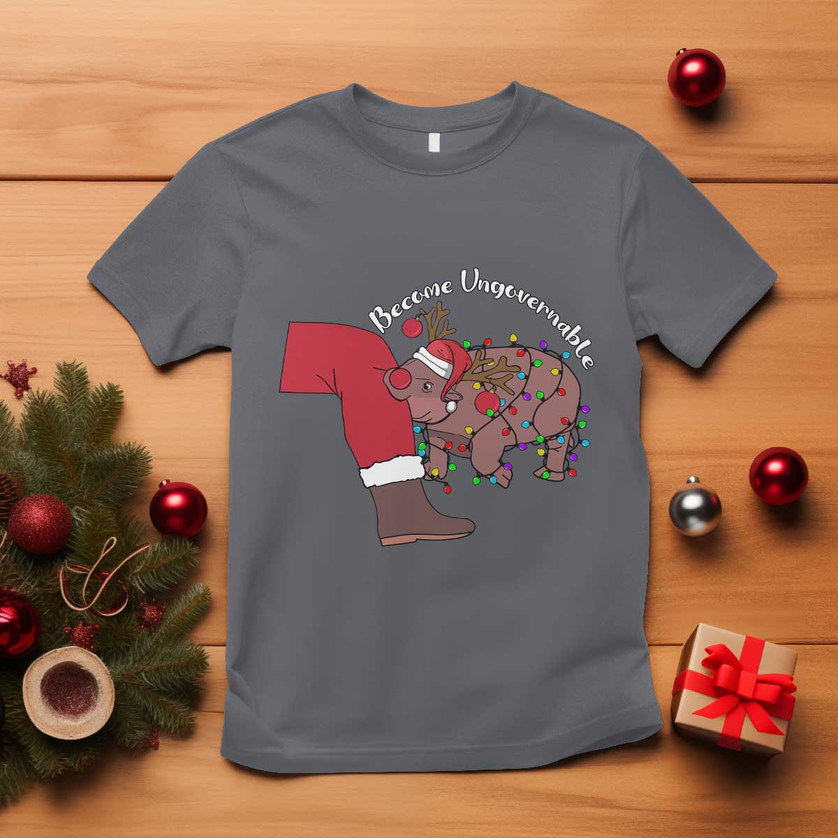 Funny Moo Deng Christmas T Shirt Become Ungovernable Reindeer Xmas Santa TS11 Charcoal Print Your Wear