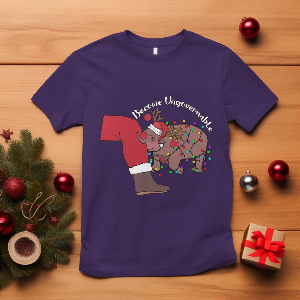 Funny Moo Deng Christmas T Shirt Become Ungovernable Reindeer Xmas Santa TS11 Purple Print Your Wear