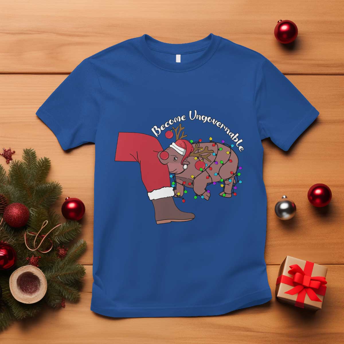 Funny Moo Deng Christmas T Shirt Become Ungovernable Reindeer Xmas Santa TS11 Royal Blue Print Your Wear