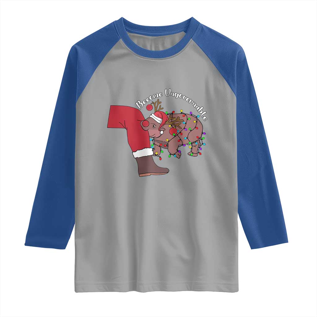 Funny Moo Deng Christmas Raglan Shirt Become Ungovernable Reindeer Xmas Santa TS11 Sport Gray Royal Print Your Wear