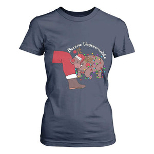 Funny Moo Deng Christmas T Shirt For Women Become Ungovernable Reindeer Xmas Santa TS11 Navy Print Your Wear