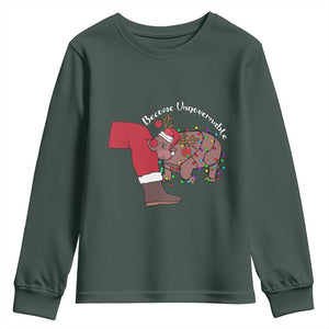 Funny Moo Deng Christmas Youth Sweatshirt Become Ungovernable Reindeer Xmas Santa TS11 Dark Forest Green Print Your Wear