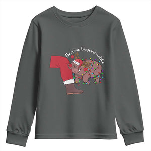 Funny Moo Deng Christmas Youth Sweatshirt Become Ungovernable Reindeer Xmas Santa TS11 Dark Heather Print Your Wear