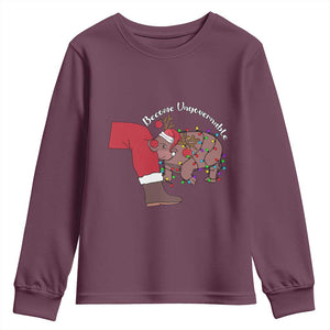 Funny Moo Deng Christmas Youth Sweatshirt Become Ungovernable Reindeer Xmas Santa TS11 Maroon Print Your Wear