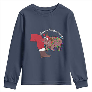 Funny Moo Deng Christmas Youth Sweatshirt Become Ungovernable Reindeer Xmas Santa TS11 Navy Print Your Wear