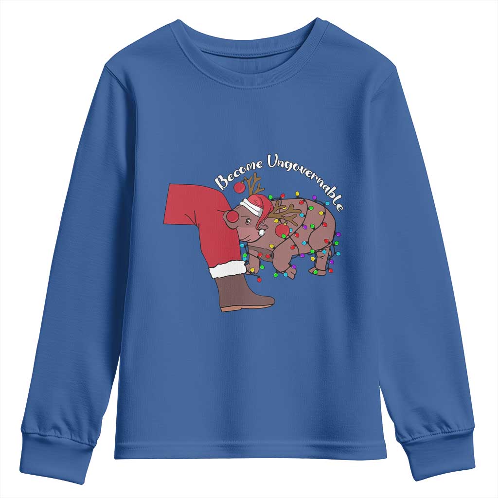 Funny Moo Deng Christmas Youth Sweatshirt Become Ungovernable Reindeer Xmas Santa TS11 Royal Blue Print Your Wear