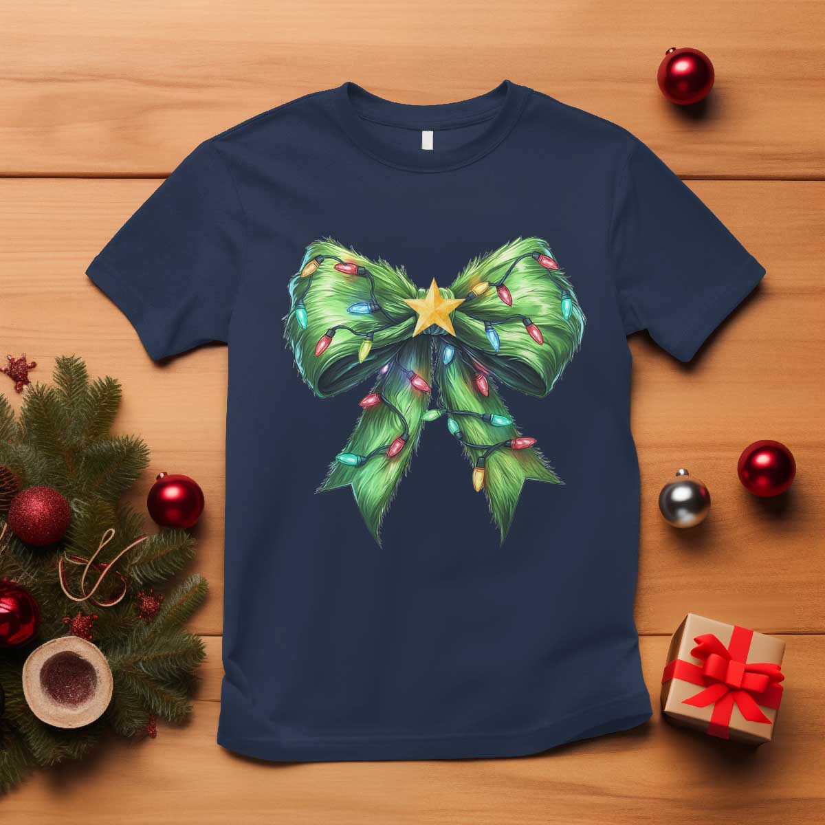 Funny Christmas Coquette T Shirt Green Xmas Tree Bow TS11 Navy Print Your Wear