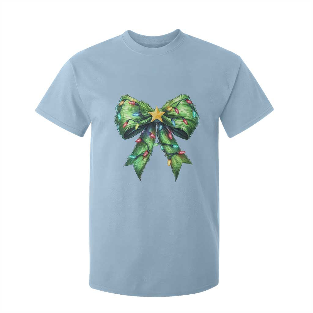 Funny Christmas Coquette T Shirt For Kid Green Xmas Tree Bow TS11 Light Blue Print Your Wear