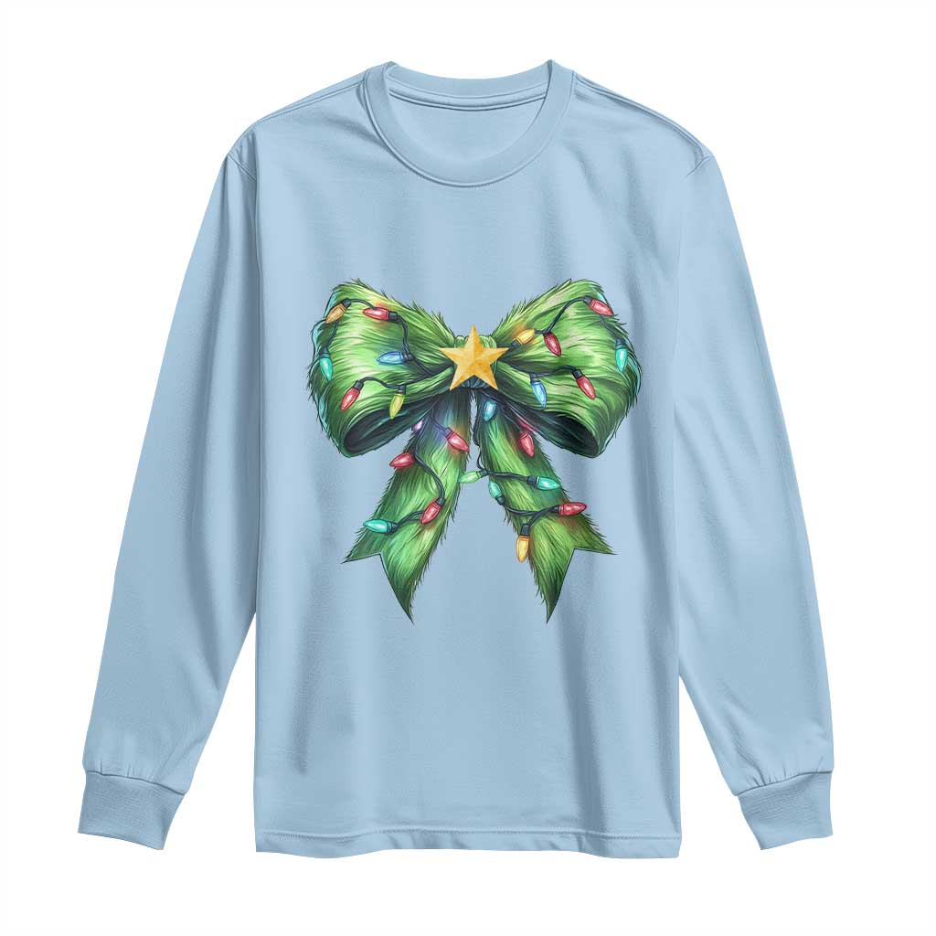 Funny Christmas Coquette Long Sleeve Shirt Green Xmas Tree Bow TS11 Light Blue Print Your Wear