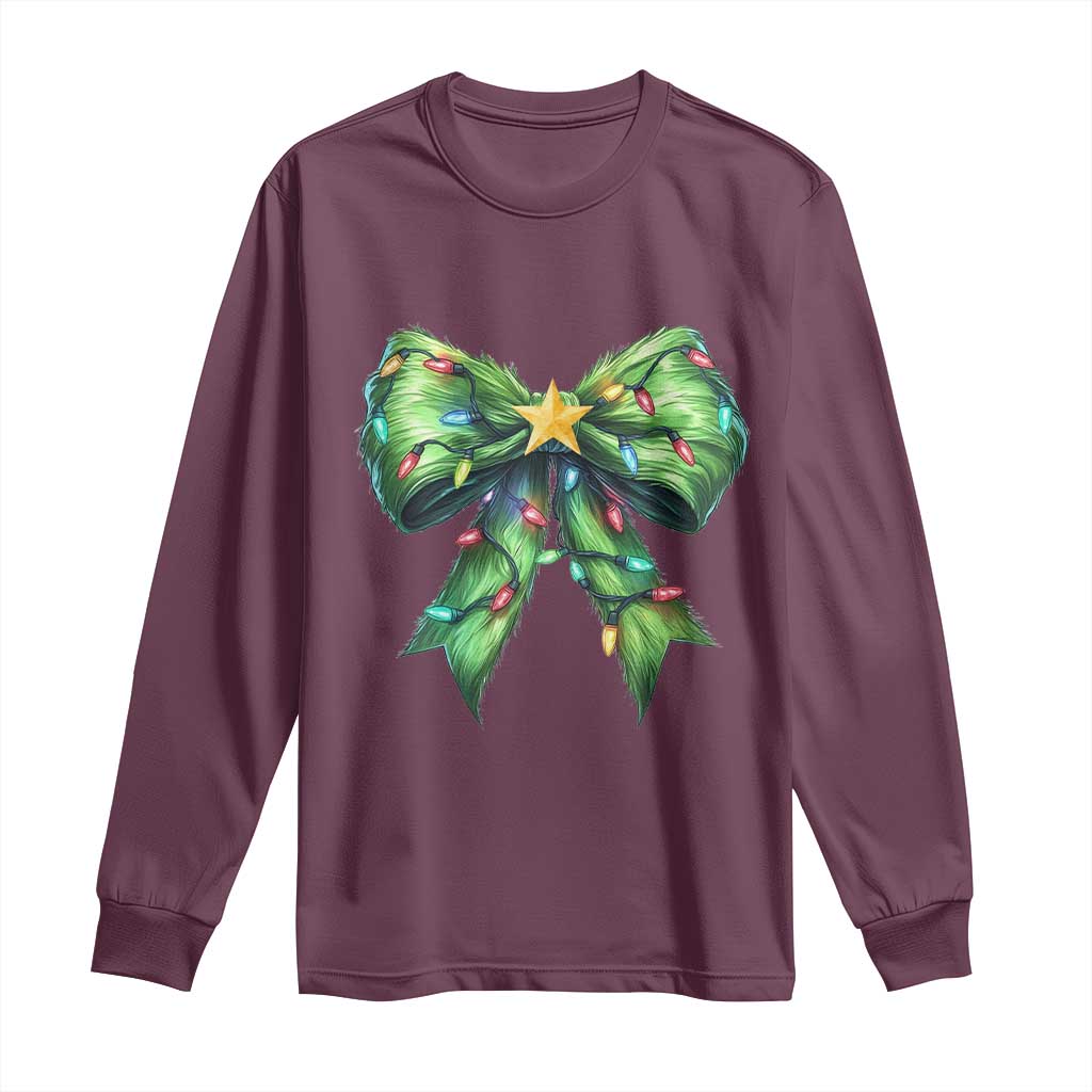 Funny Christmas Coquette Long Sleeve Shirt Green Xmas Tree Bow TS11 Maroon Print Your Wear