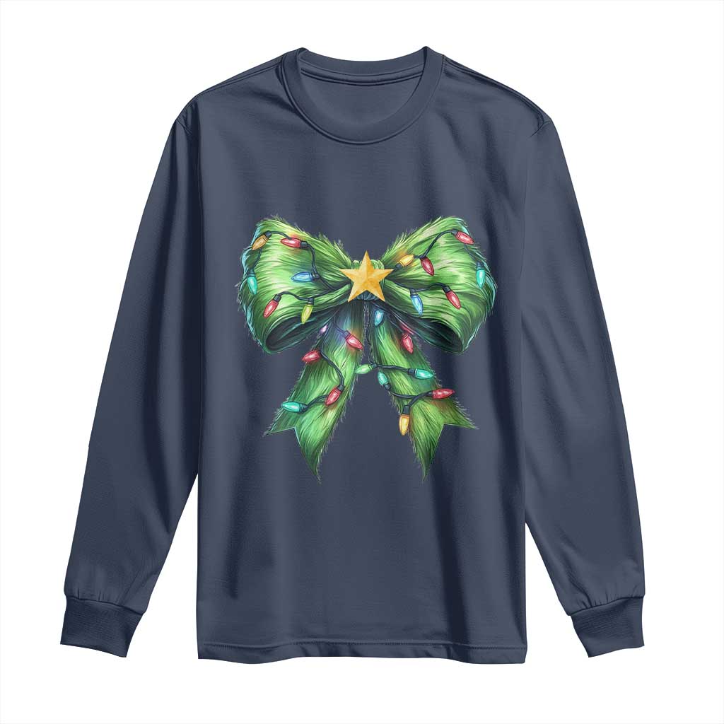 Funny Christmas Coquette Long Sleeve Shirt Green Xmas Tree Bow TS11 Navy Print Your Wear