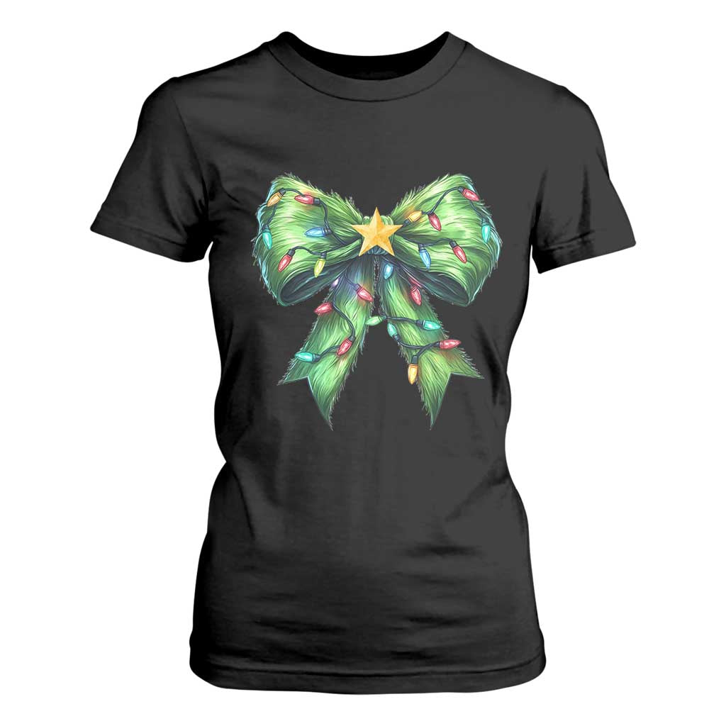Funny Christmas Coquette T Shirt For Women Green Xmas Tree Bow TS11 Black Print Your Wear