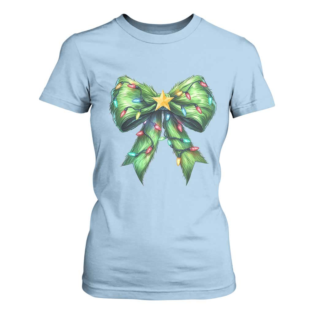 Funny Christmas Coquette T Shirt For Women Green Xmas Tree Bow TS11 Light Blue Print Your Wear