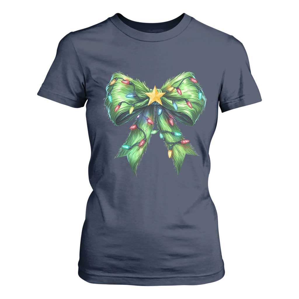 Funny Christmas Coquette T Shirt For Women Green Xmas Tree Bow TS11 Navy Print Your Wear