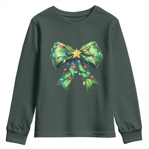 Funny Christmas Coquette Youth Sweatshirt Green Xmas Tree Bow TS11 Dark Forest Green Print Your Wear