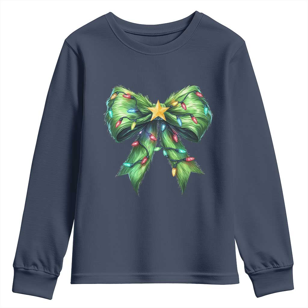 Funny Christmas Coquette Youth Sweatshirt Green Xmas Tree Bow TS11 Navy Print Your Wear