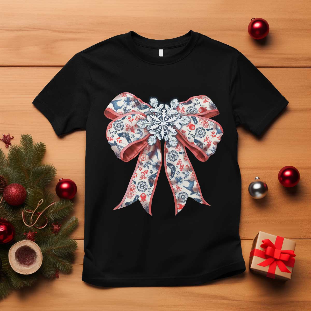 Funny Toile Folk Art Scandinavian Coquette Bow Christmas T Shirt TS11 Black Print Your Wear