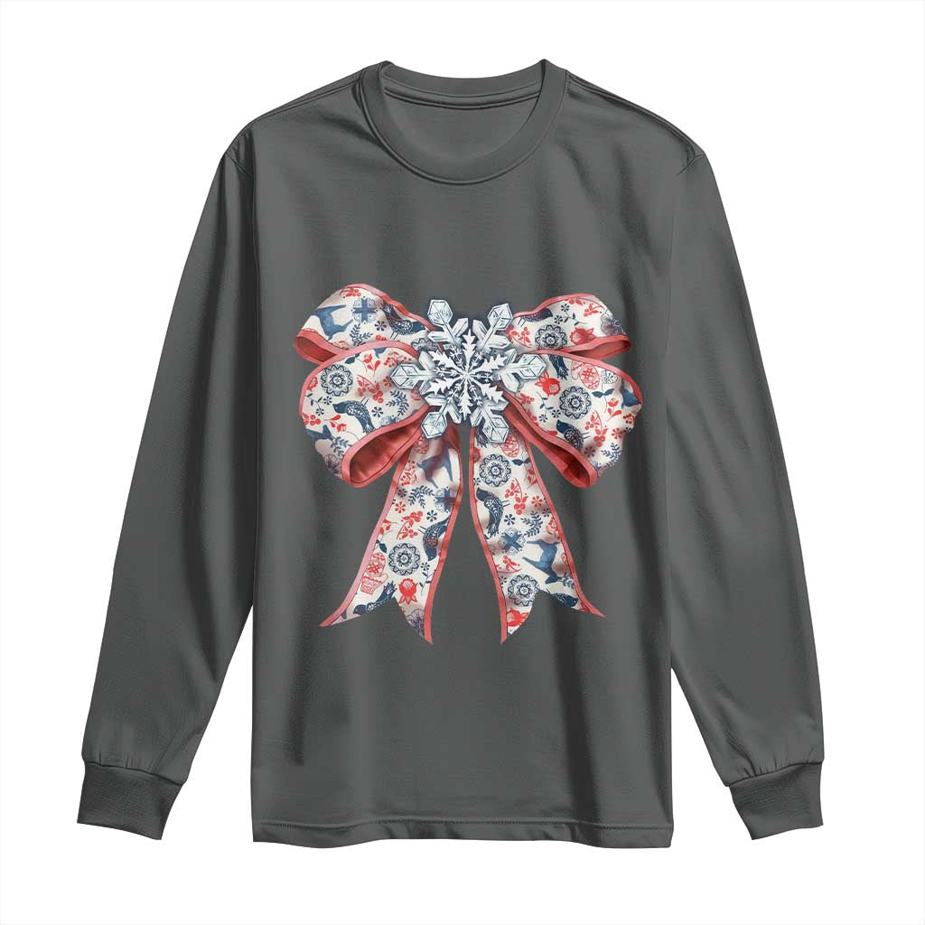 Funny Toile Folk Art Scandinavian Coquette Bow Christmas Long Sleeve Shirt TS11 Dark Heather Print Your Wear
