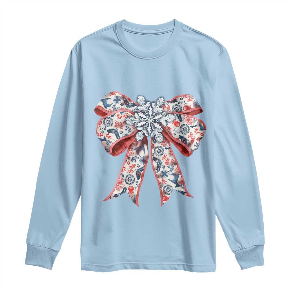 Funny Toile Folk Art Scandinavian Coquette Bow Christmas Long Sleeve Shirt TS11 Light Blue Print Your Wear