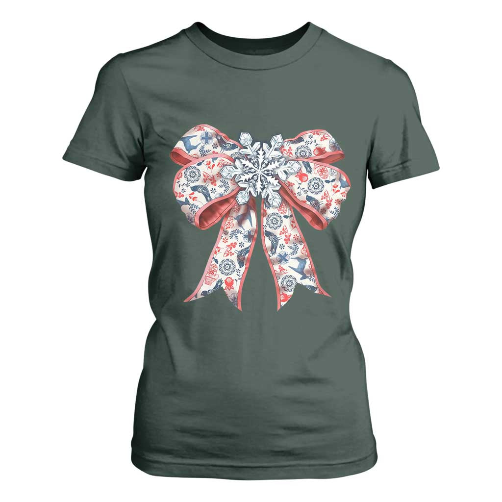 Funny Toile Folk Art Scandinavian Coquette Bow Christmas T Shirt For Women TS11 Dark Forest Green Print Your Wear