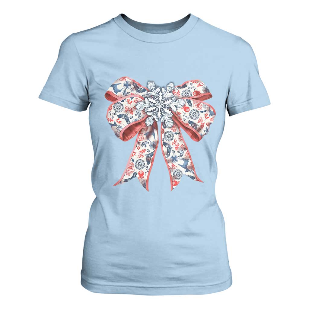 Funny Toile Folk Art Scandinavian Coquette Bow Christmas T Shirt For Women TS11 Light Blue Print Your Wear