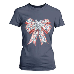 Funny Toile Folk Art Scandinavian Coquette Bow Christmas T Shirt For Women TS11 Navy Print Your Wear