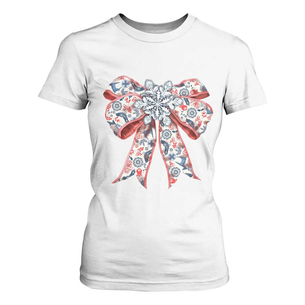 Funny Toile Folk Art Scandinavian Coquette Bow Christmas T Shirt For Women TS11 White Print Your Wear