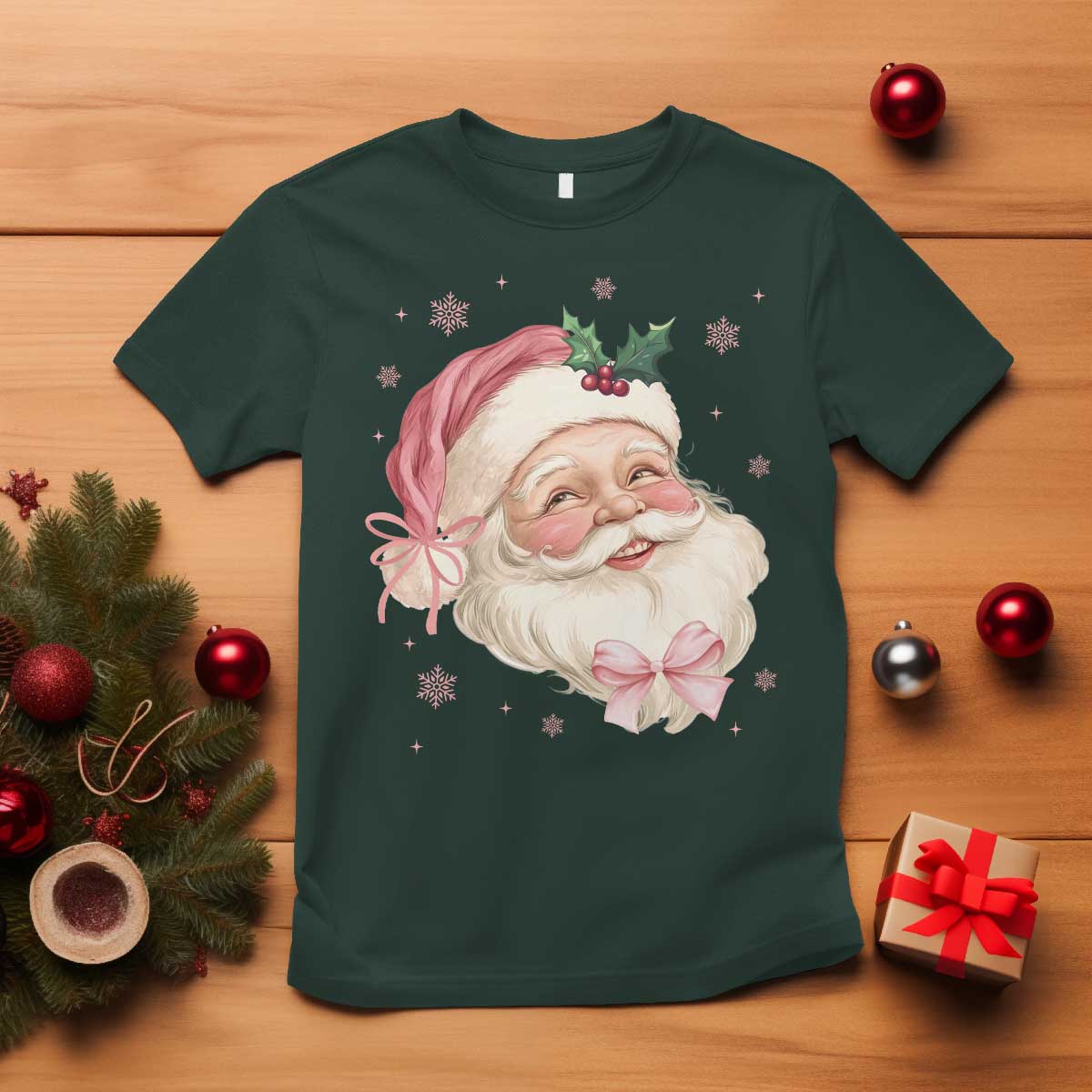 Christmas Coquette Pink Santa Bow T Shirt TS11 Dark Forest Green Print Your Wear