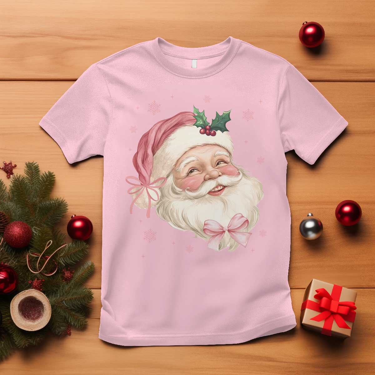 Christmas Coquette Pink Santa Bow T Shirt TS11 Light Pink Print Your Wear