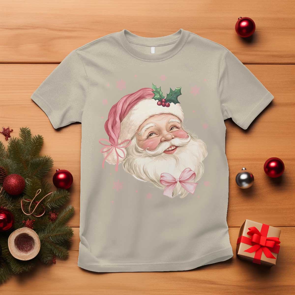 Christmas Coquette Pink Santa Bow T Shirt TS11 Sand Print Your Wear