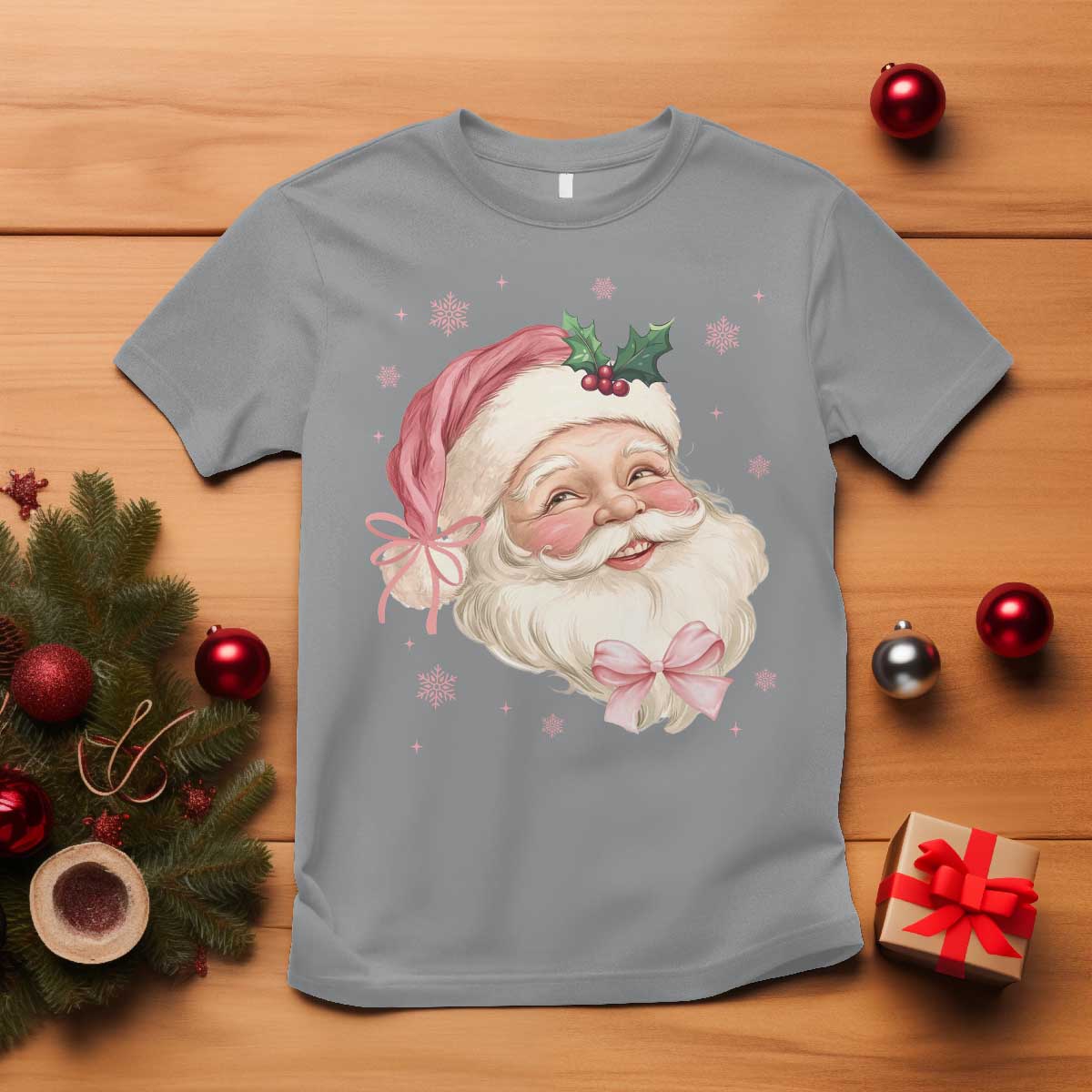 Christmas Coquette Pink Santa Bow T Shirt TS11 Sport Gray Print Your Wear