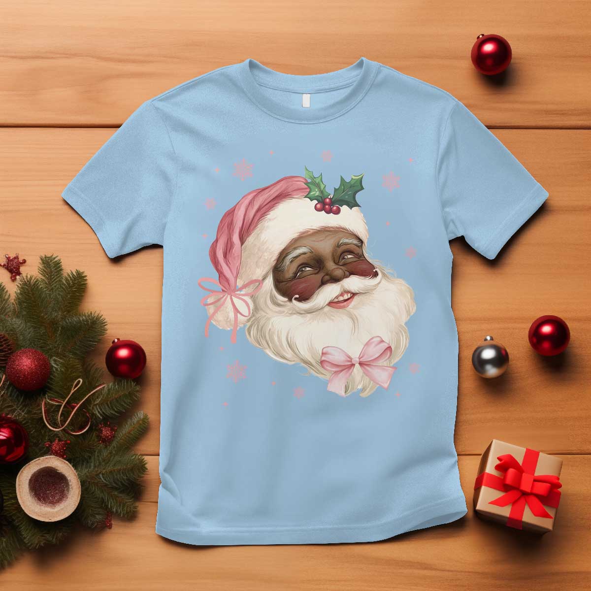 Christmas Coquette Pink Black Santa Bow T Shirt TS11 Light Blue Print Your Wear